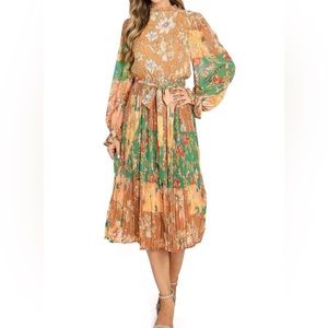Flying Tomato Women's Modest Chiffon Pleated Boho Long Sleeve Midi Dress